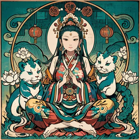 an ancient Chinese goddess, guanyin of the southern seas, Guanyin, Inspired by India, Avalokiteshvara rides a lion，,Serene expre...