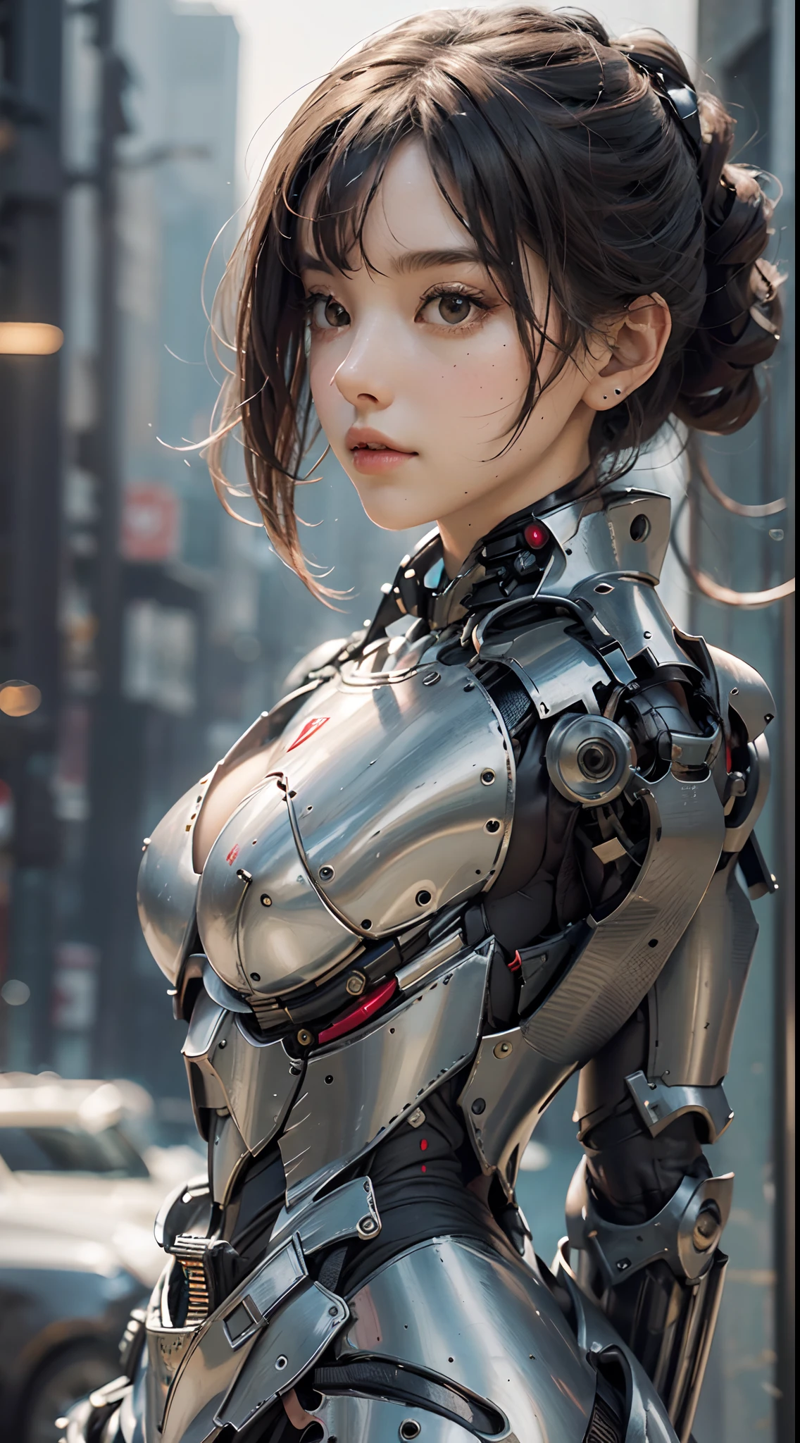 (master part), (best quality), fotorrealism, Realistic, ultra detaild, face perfect, perfectbody, 1girll, Beautiful girl,  in red armor, mechanical armor, exoskeleton, stand, Pose legal, sexly, Looking from behind