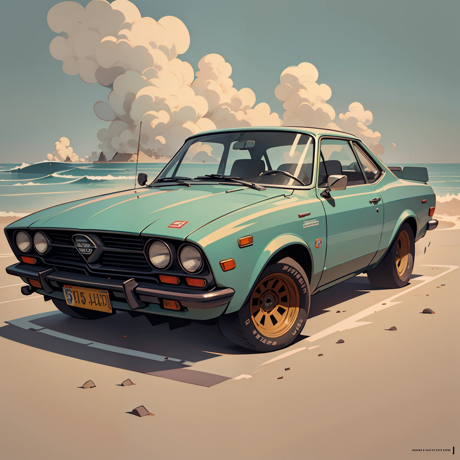 Auto Datsun 180-j 1975 orange Farbe, mit Surfbrett oben drauf, sehr detaillierte Abbildung.", Fahrzeugabbildung, Illustration im Cartoon-Stil, Cartoon-Stil, HD-Abbildung, Ultra-detaillierte Darstellung, Vektorillustration, Hochdetailliert, hyperreal, sehr detaillierte Abbildung, Hochdetaillierte Abbildung, Retro-Illustration, Sehr detaillierte Karikatur, künstlerische Illustration, Sehr detaillierte Vektorgrafiken, Eine wunderschöne Kunstwerk-Illustration