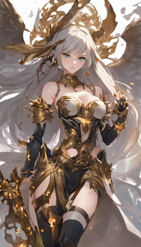 Anime figure，Dark villain，Beauty side face，Long hair flying，（golden headdress），Two teenage girls back to back，（Simple helmet）Spark ashes burn，The samurai held a sword, Wear contrasting armor, The whole picture of the witch and the witch skeleton,（standing ...