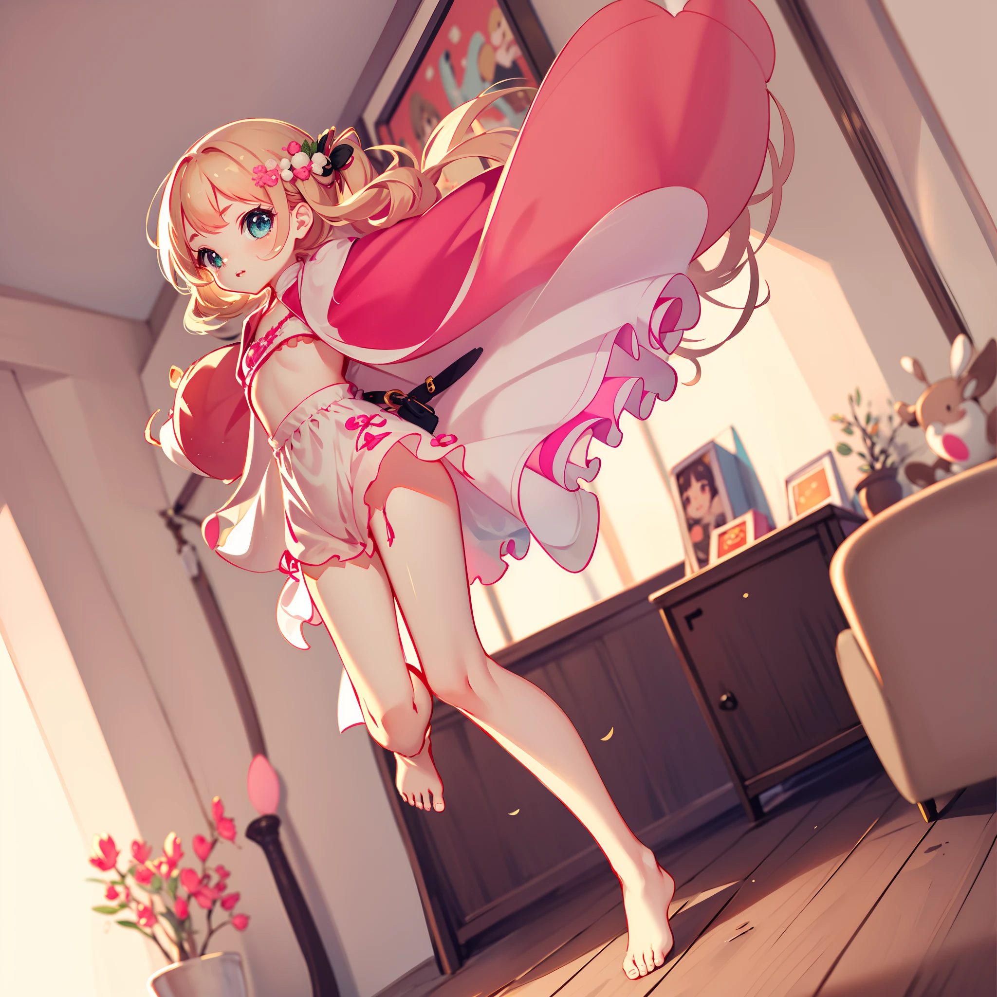 very cute female child:1.5,10 yo,Clothes with peach-colored ruffles:1.8, Barefoot, Summer,action:1.6,dynamic pose,dynamic angle,dutch angle shot,low angle,full body shot,medium shot,flat chest:1.5,nsfw:1.3, Cute PINK Living room:1.8,4K, (Raw photo: 1.2), (masutepiece: 1.3), (exquisite detailing: 1.2), Delicate and beautiful details, (Eye Detail), (Facial Detailed), (Highest Quality) :1.4), (Hyper-Resolution: 1.2),(very detailed illustration), Best Quality,depth of fields, Wide light, natural shadows