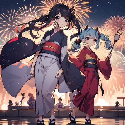 Chibi:1.8,girls,Kimono,Girl in Yukata,Blowing in the wind,Summer Festivals,natta,food stand,Spirit Stream,Big  Fireworks:1.7,Fir...