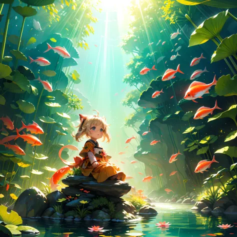 a sunny morning，the sun shining，a little lovely kid girl，ride a giant koi，play in a pond overgrown with lotus flowers