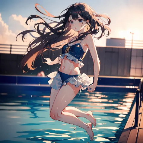 wearing sweat,dynamic range,low angle,full body shot,medium shot:1.8,mid summer,dynamic pose,the bikini,night pool:1.8,action:1....