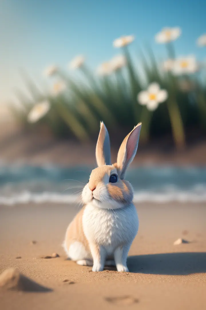 Close-up photo of a little rabbit lying on the beach，Macro，clean backdrop，depth of fields，largeaperture，photography of，volume fog，Halo，blooms，Dramatic atmosphere，Sunny morning