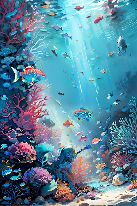 (ocean floor、Marine life、Beautiful coral reef、The fish),Messy painting style，Hair flows in water
