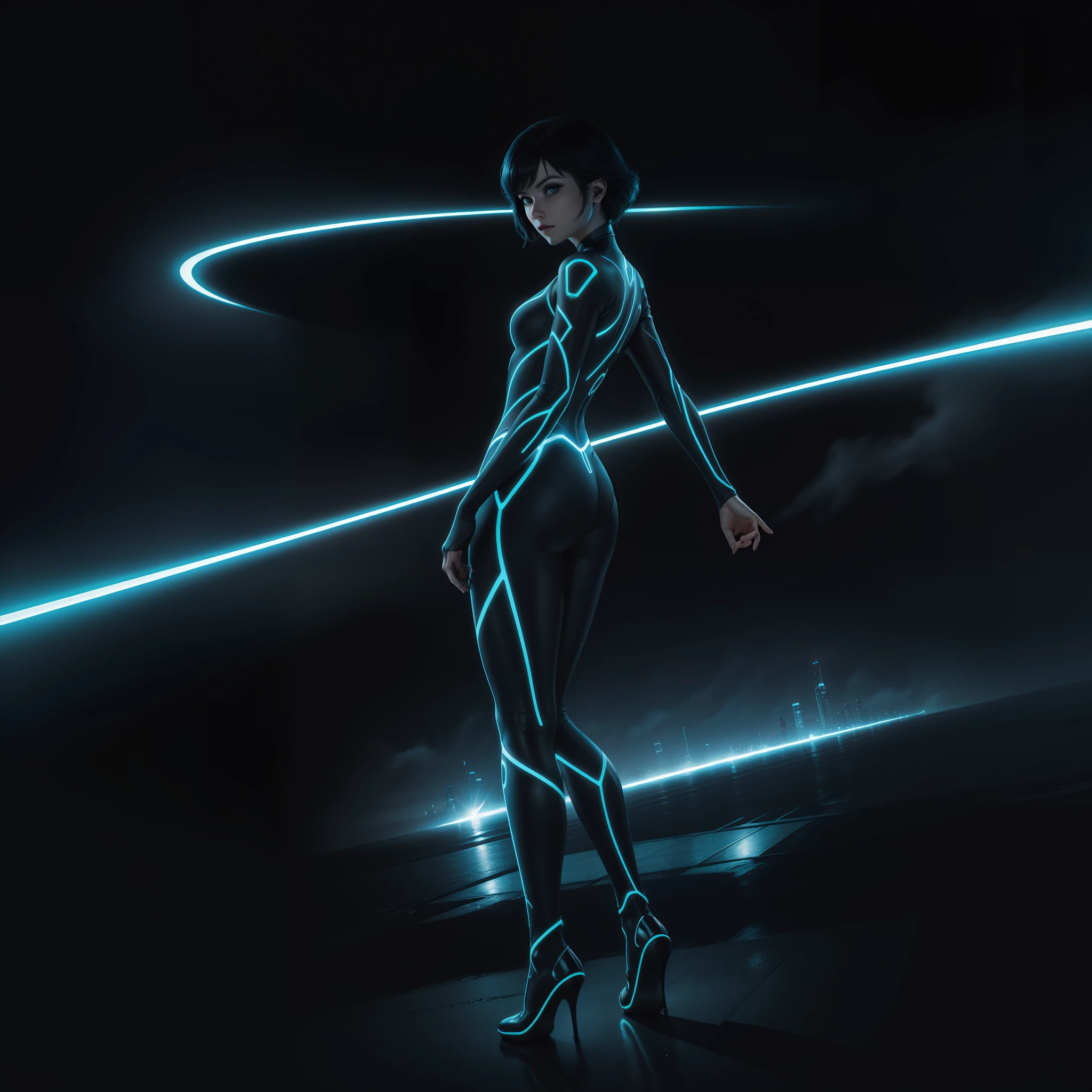 Tron Character Movie Woman Lora Woman Quorra, Masterpiece, 4k, Best Quality, super detailed faces, view from behind, Panty shot, tight transparent clothing