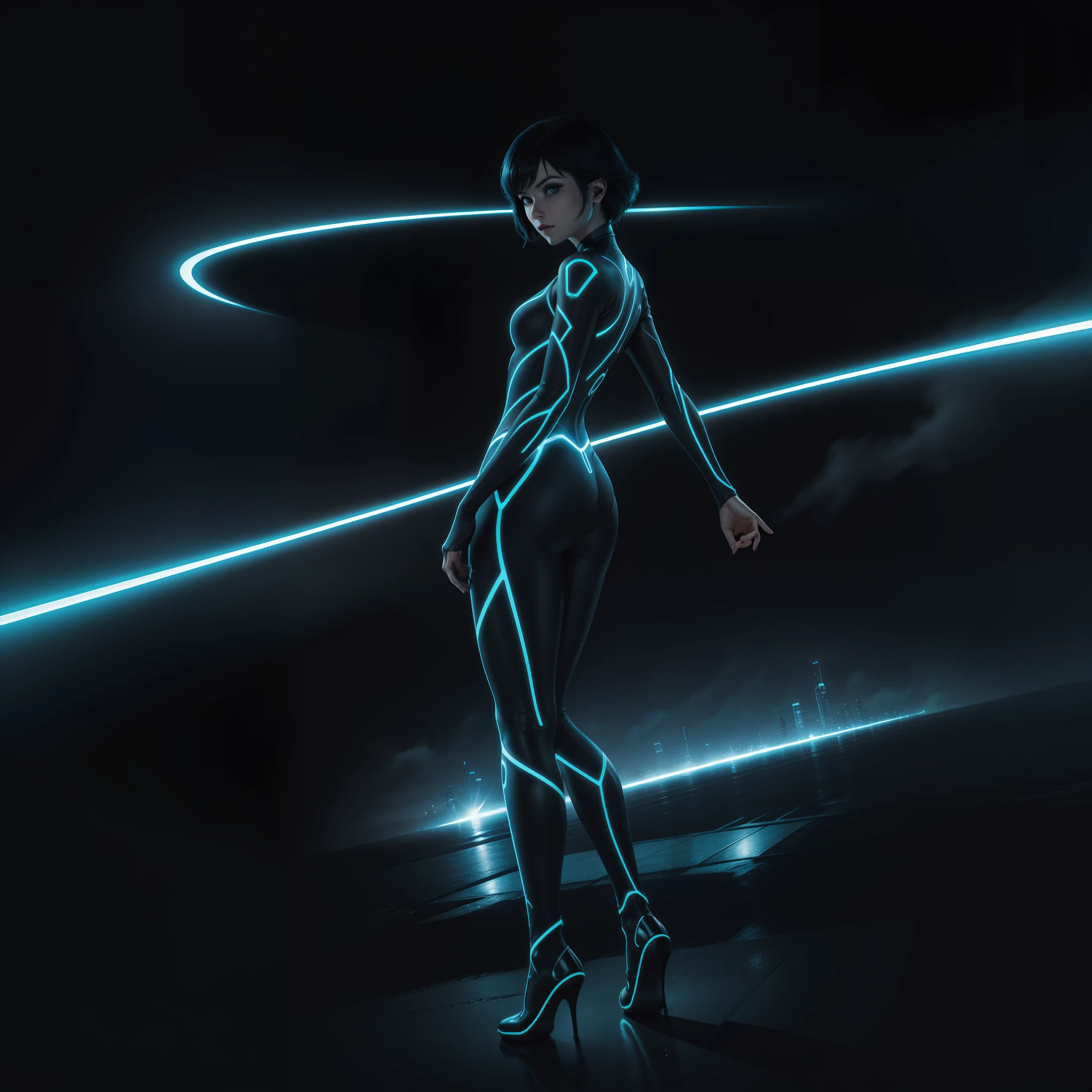 Tron Character Movie Woman Lora Woman Quorra, masterpiece, 4k, Best Quality, super detailed faces, view from behind, Panty shot, tight transparent clothing