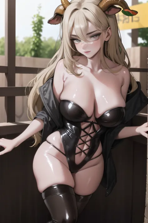 (masterpiece best quality), Realistic, (Real picture, Intricate details, Depth of field), (1girll, Solo),long eyelasher，seductiv， highly  detailed, Perfect face, (gigantic cleavage breasts：1.3), (skin indentation), （Pasture cowsheds covered with pastures），...