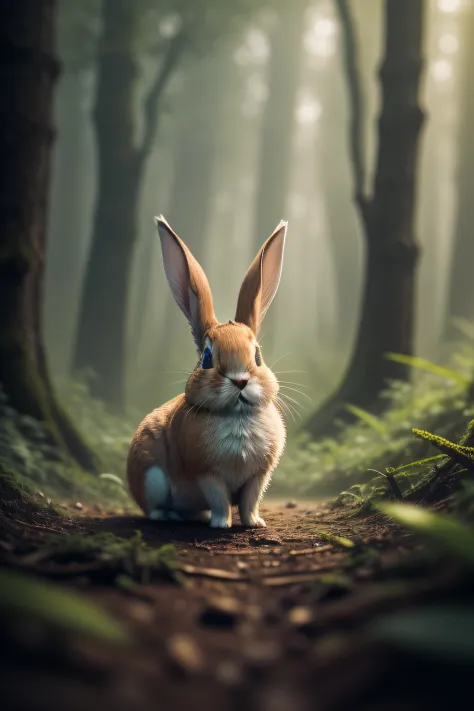 Close-up photo of a small rabbit lying in the forest，macro，clean backdrop，depth of fields，largeaperture，photography of，volume fog，Halo，blooms，Dramatic atmosphere