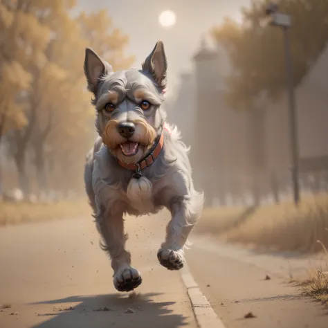 "Create a stunning 8k masterpiece featuring a mini schnauzer running do fast in a greenfield during the golden hour. The image should be in gray scale color with a realistic-photography style. Please make sure to capture the full body of the dog in motion....