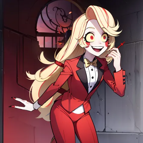 Charlie Morningstar, long hair, red suit, red pants, 1girl, yellow sclera, blonde hair, white skin, perfect anatomy, smiling