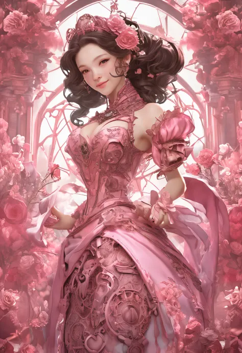 Amazing full body portrait of magical fantasy：Hong Kong star Lai Chi，Qiu  Shuzhen，Leaf frieze，Three steampunk women in pink dresses and lace, The  low-cut neckline accentuates femininity, Small ears, Brown hair,  Ultra-clear face，Smiling happy 