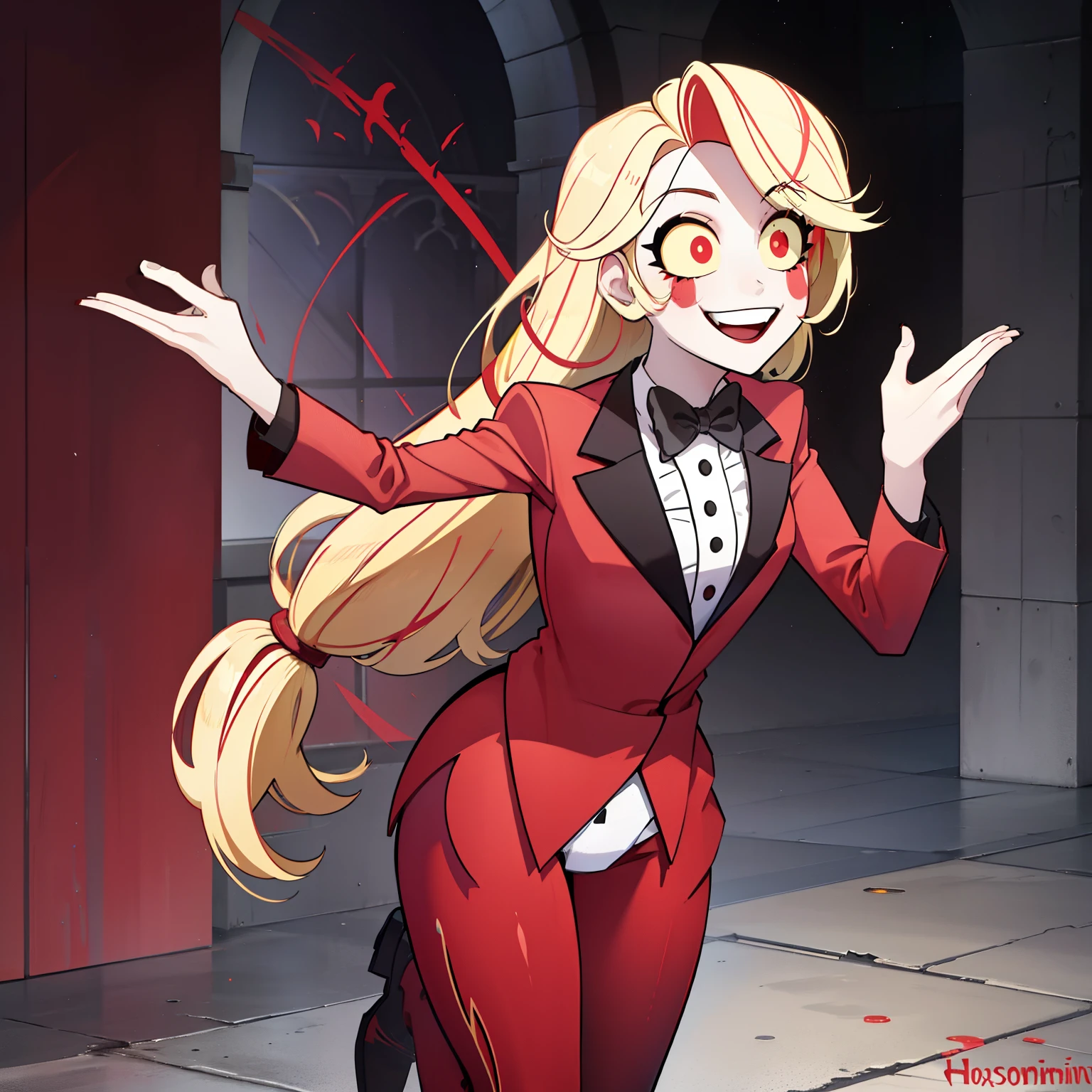 Charlie Morningstar, long hair, red suit, red pants, 1girl, yellow sclera, blonde hair, white skin, perfect anatomy, smiling