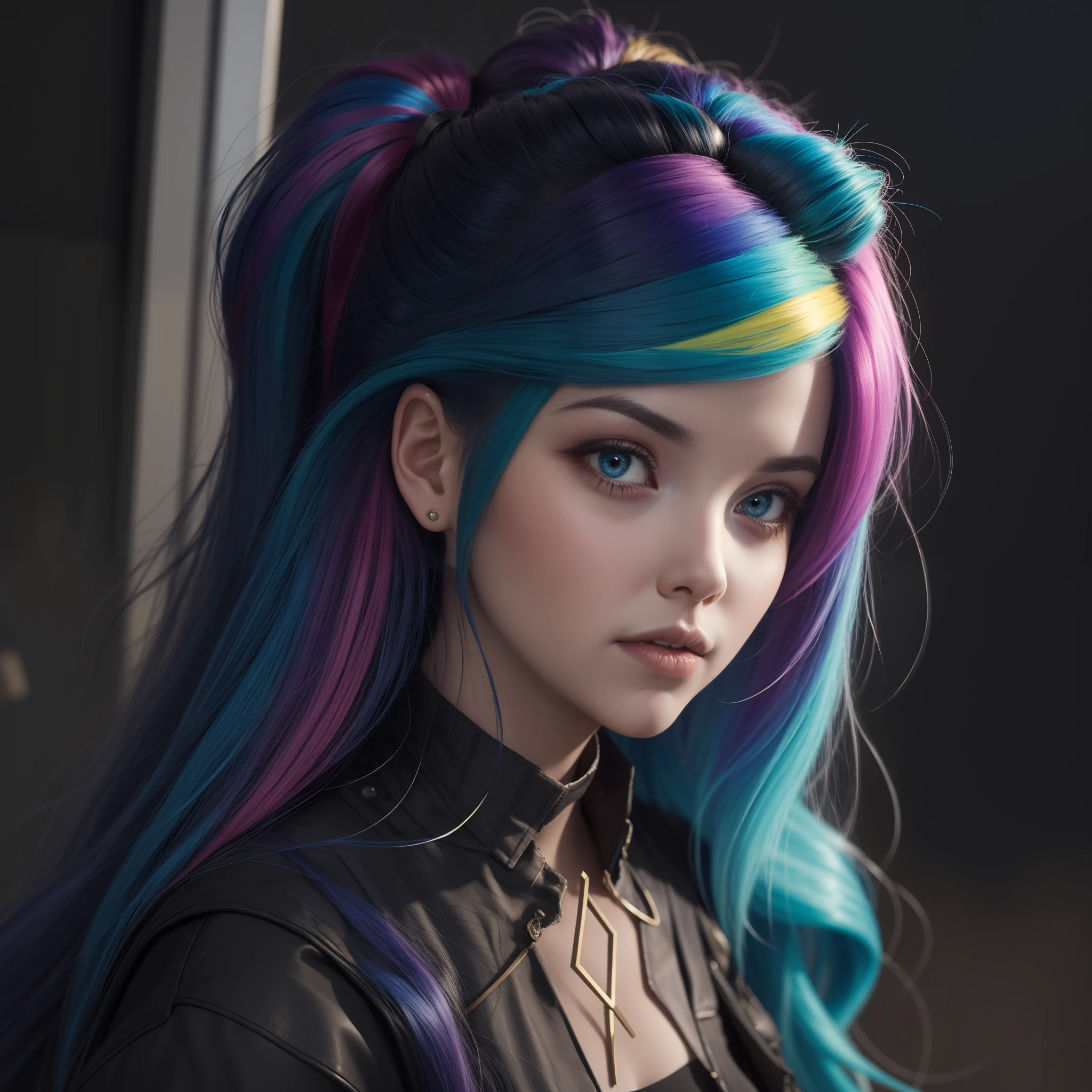 masterpiece, best quality, girl with rainbow hair, really wild hair, mane