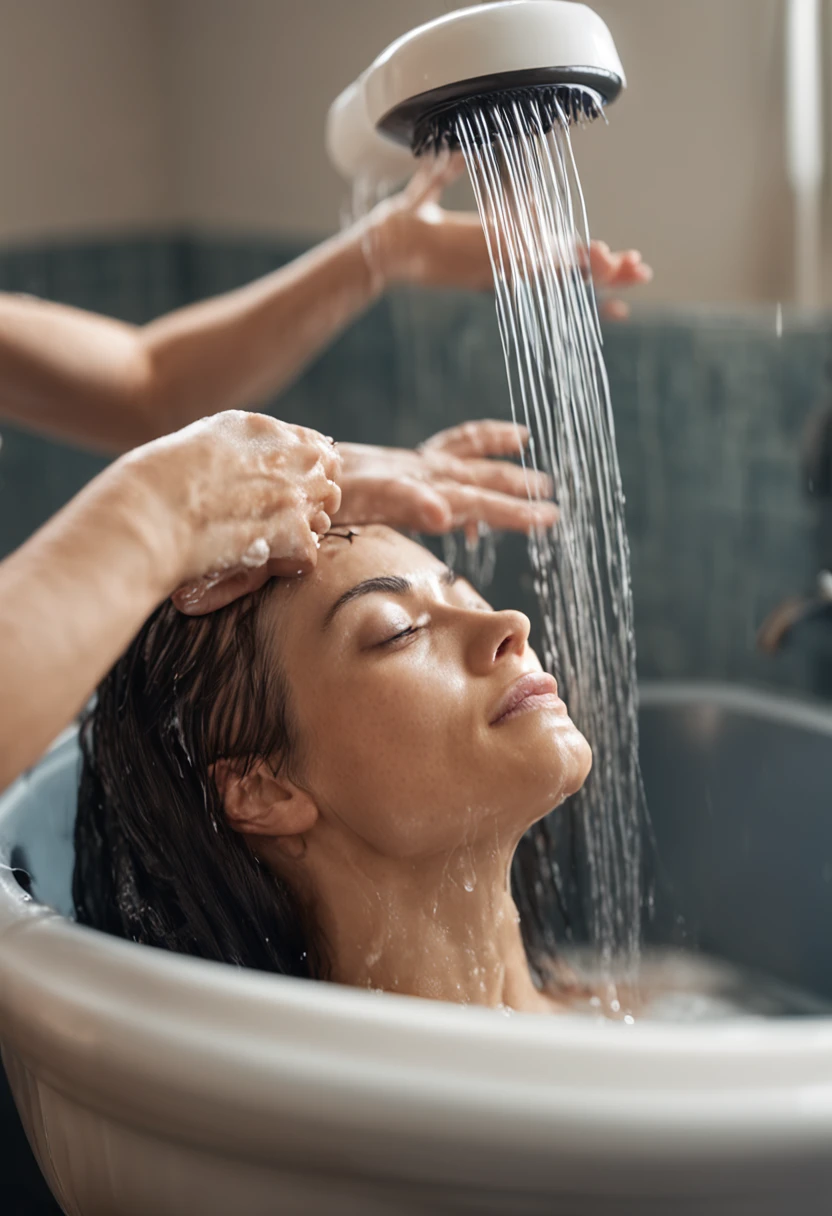 Una mujer bañándose en una bañera con cabezal de ducha - SeaArt AI