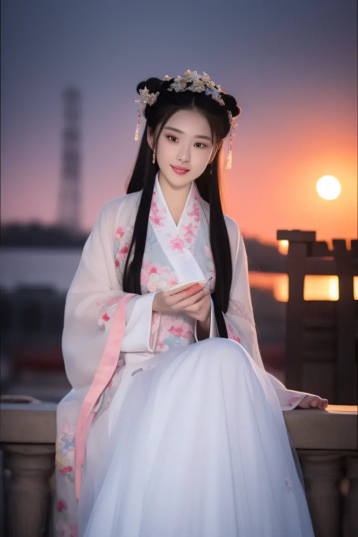 Full moon night，The Hanfu beauty sat down facing the camera，Flip the pages of books gracefully，Her delicate facial features reve...