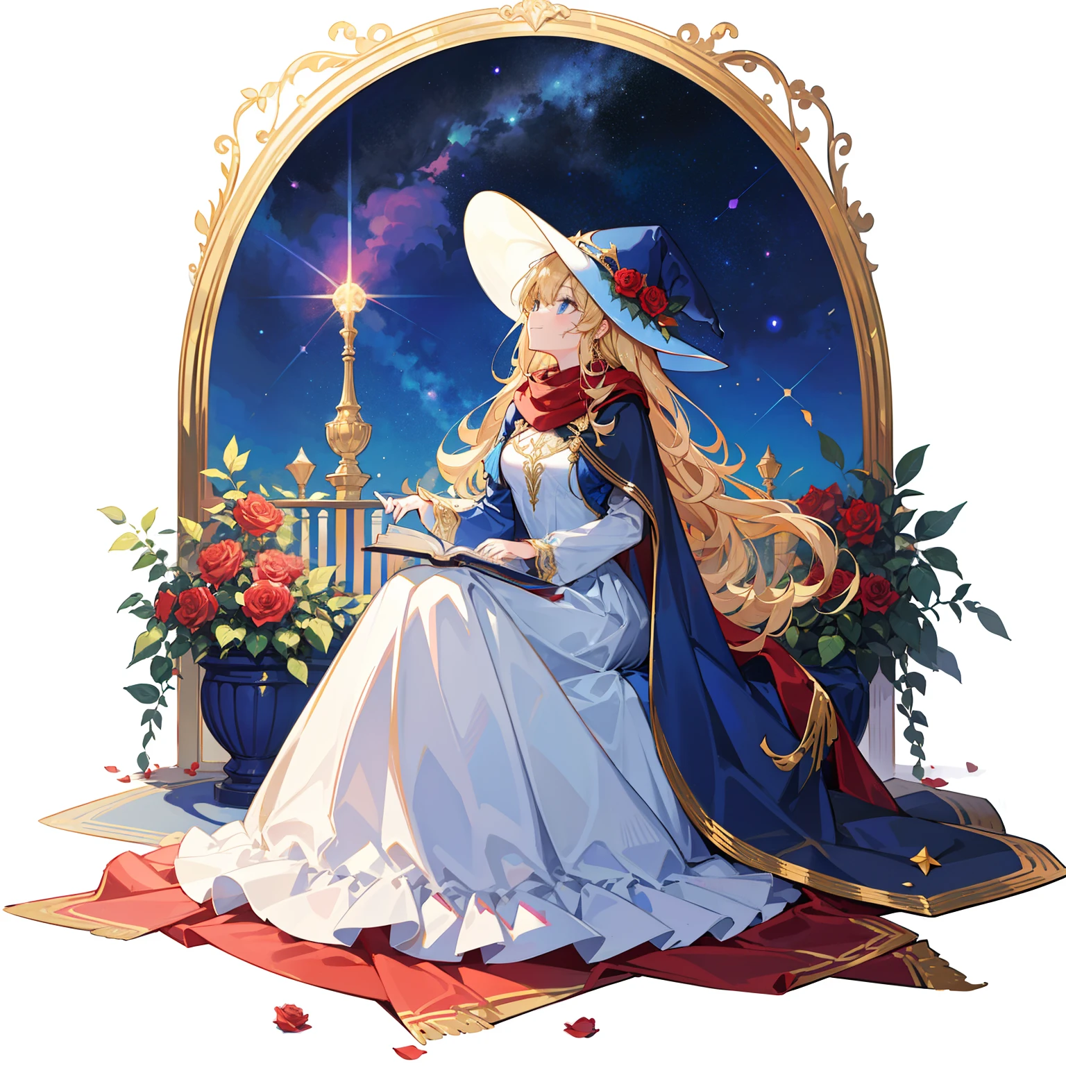 （Long curly blonde hair），1girll，red shawl，（Wide-brimmed wizard hat），Blue and white Lolita，Dress up，Gilded decoration on clothes，Roses on clothes，( sitted)，Rose garden，full bodyesbian，[White background 1::5]，solo person，blue color eyes，Rose garden，Magic book in hand，(laughingly)，gilded outfit，Starry sky at night， Flowing golden star magic，（looking up Angle）