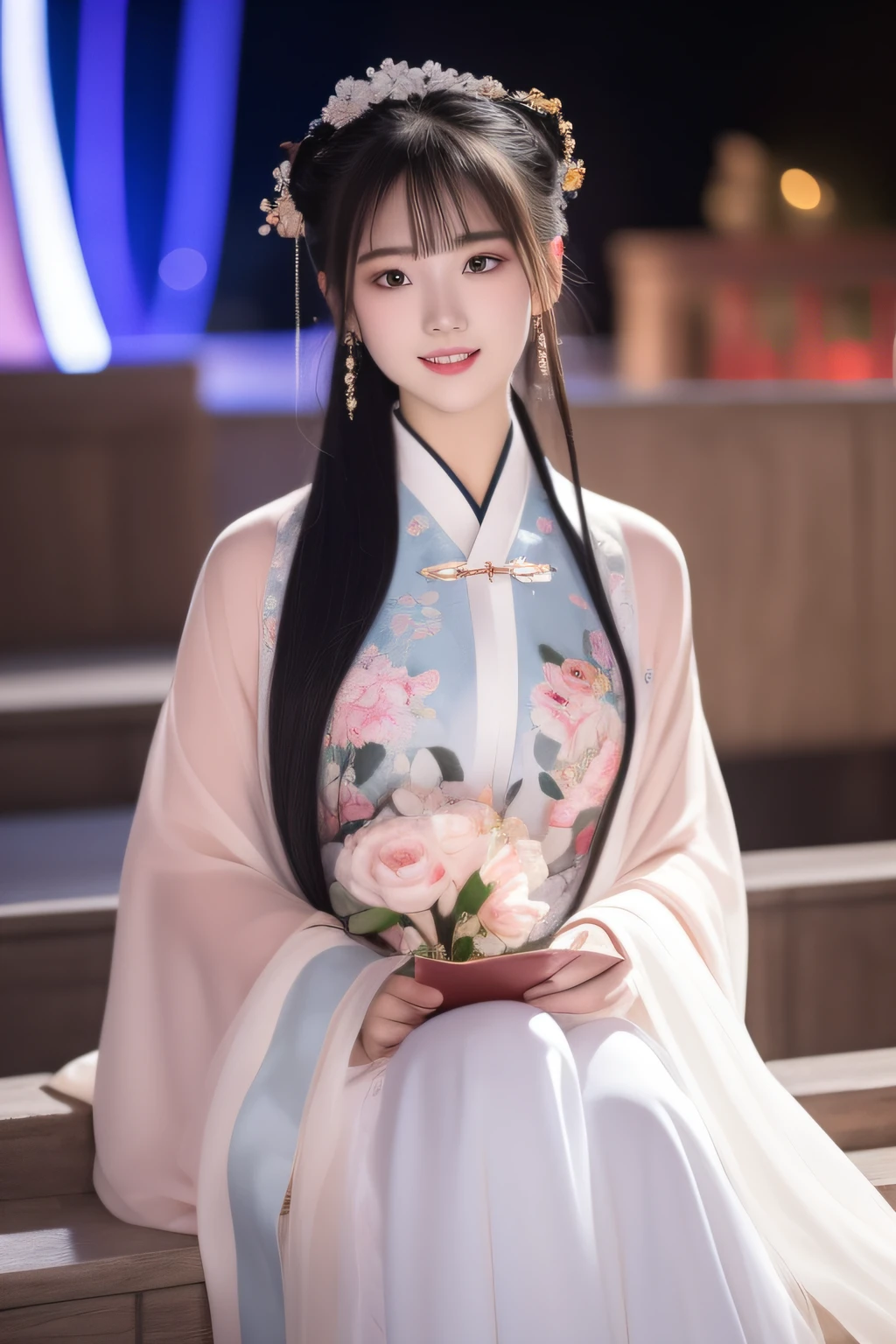 Full moon night，The Hanfu beauty sat down facing the camera，Flip the pages of books gracefully，Her delicate facial features reveal a perfect face。She has a beautiful and detailed appearance，Wearing Hanfu，The colorful colors make it even more dazzling。She has long hair and a shawl，Reveal a charming charm。This is a real photo，Showcases the figure and charm of the perfect woman。On stage she performed solo，With a charming smile on his face，It perfectly shows the charm of Hanfu。