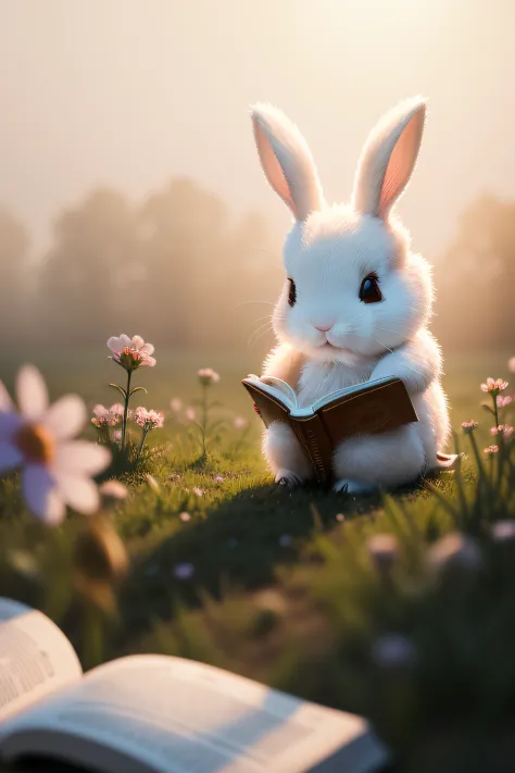 Close-up photo of little bunny sitting reading a book，macro，clean backdrop，depth of fields，largeaperture，photography of，volume fog，Halo，blooms，Dramatic atmosphere，Sunny morning