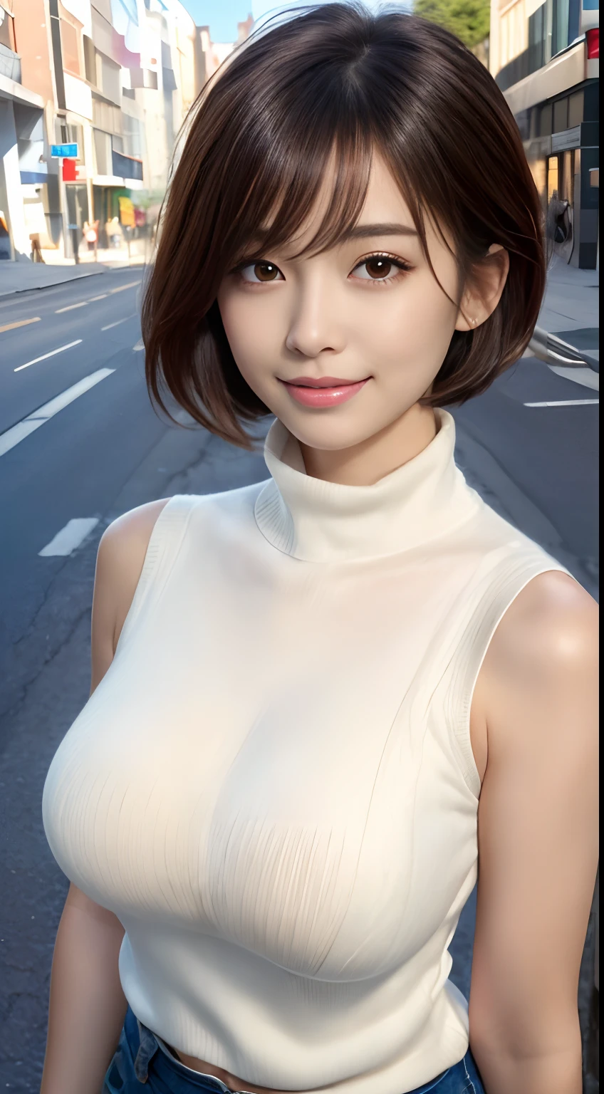 (8k, 超A high resolution, Best quality, masutepiece:1.2)、RAW portrait of japanese girl、超A high resolution、top-quality、 (huge-breasted,:1.6)、｛Hide all breasts:1.2｝｛Off-white shorts:1.5｝、(Wear a white sleeveless turtleneck sweater:1.5)、(hand to hip:1.6)、(In the street:1.2) BREAK (Natural skin texture、Detailed skin、Hyper-realism、ultra-sharpness)、intricately details、depth of fields、Sexy adult woman、Black hair short hair、toned butt、((tmasterpiece、top-quality、high detal))、(Photorealsitic:1.4)、solo、Keep one's mouth shut、Smile happily、largeeyes、Distinct double eyelids、eyeslashes、Long neck、Absolute area、Clean collarbone、face perfect、Thin lips、a small face、(Gaze towards the viewer、highlights in the eyes、Light brown eyes、Gloss on lips)、(The entire body is shown from the side:1.3)