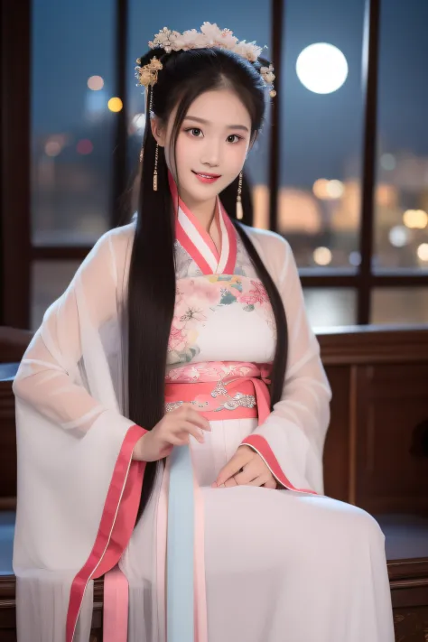 Full moon night，The Hanfu beauty sat down facing the camera，Flip the pages of books gracefully，Her delicate facial features reve...