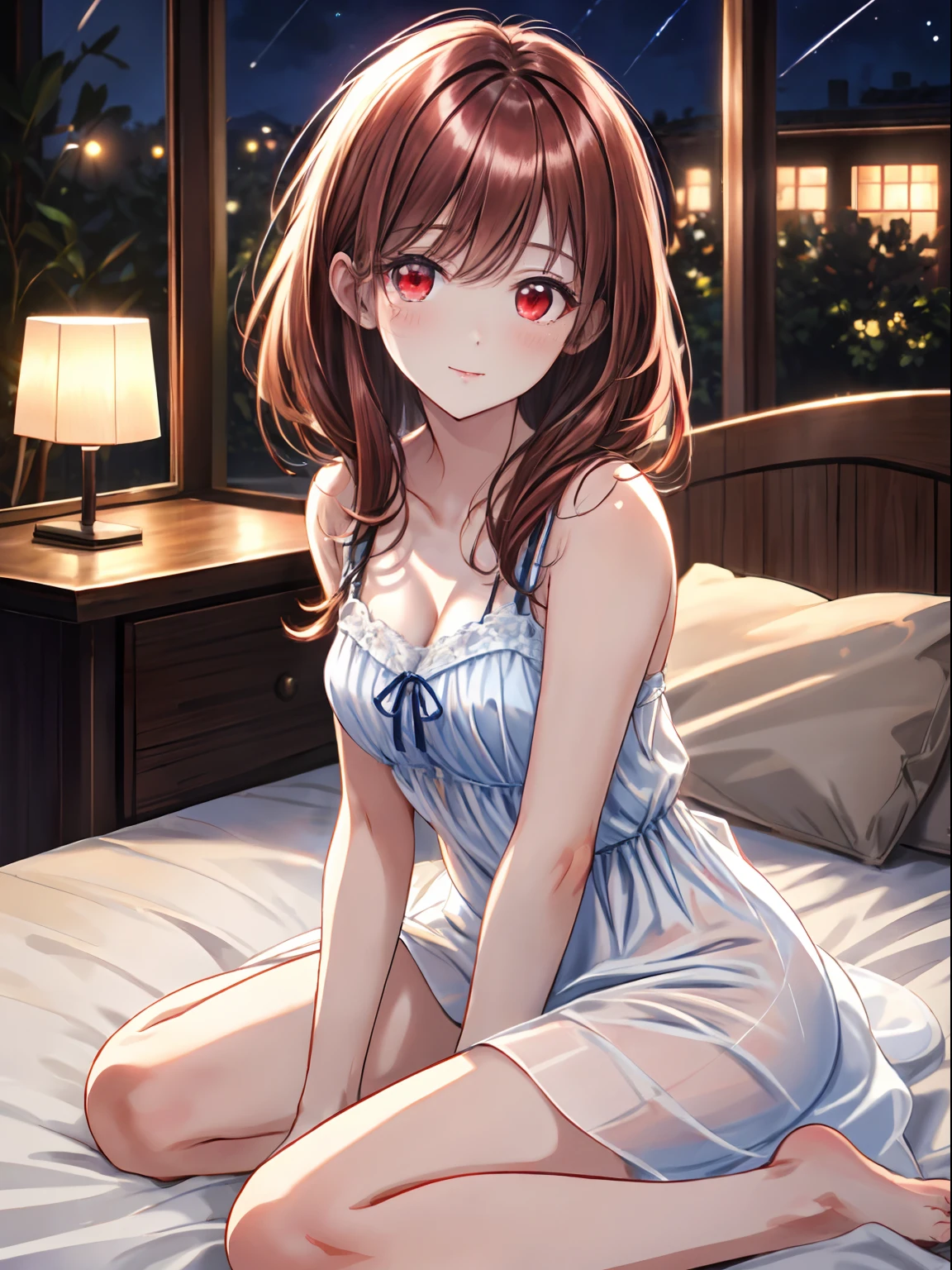 ((masterpiece+best quality+high resolution+illustration1.3+ultra 8k)), 1girl, ((detailed body)) ((attractive face)) ((long nose)) ((long facial structure)) (sharp eyes) ((red eyes)) ,soft skin, indoor, sitting on the bed, looking at viewer, night dress girl, blue night dress, detailed body, short red hair, detailed eyes, ((detailed shadow)), lighting, detailed, focus, hand detailed night light