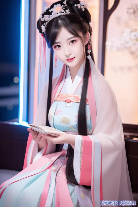 Full moon night，The Hanfu beauty sat down facing the camera，Turn the pages gracefully，Her delicate facial features reveal a perf...