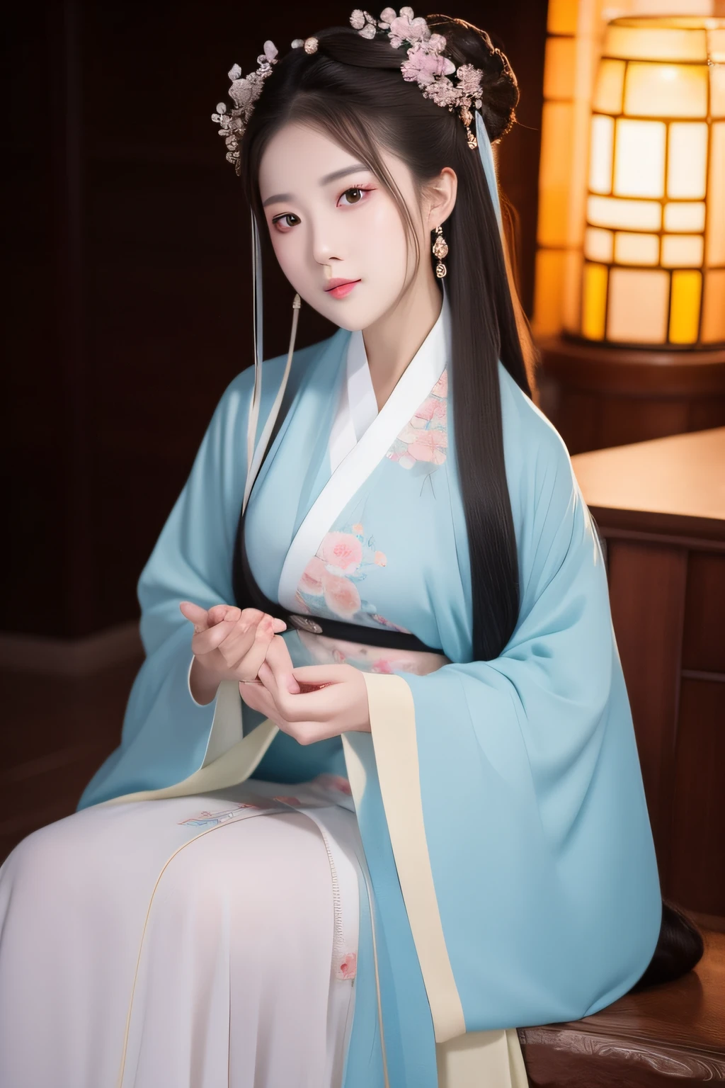 Full moon night，The Hanfu beauty sat down facing the camera，Turn the pages gracefully，Her delicate facial features reveal a perfect face。She has a beautiful and detailed appearance。，Wearing Hanfu，The colorful colors make it even more dazzling。She has long hair and a shawl，Showcasing charm。It is a real photo，Show off the body and charm of the perfect woman。be on stage，She plays solo，With a charming smile on his face，Perfect display of the charm of Hanfu。