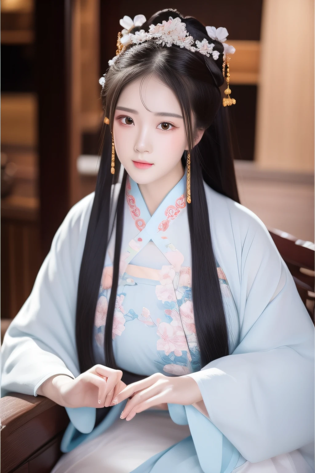 Full moon night，The Hanfu beauty sat down facing the camera，Turn the ...