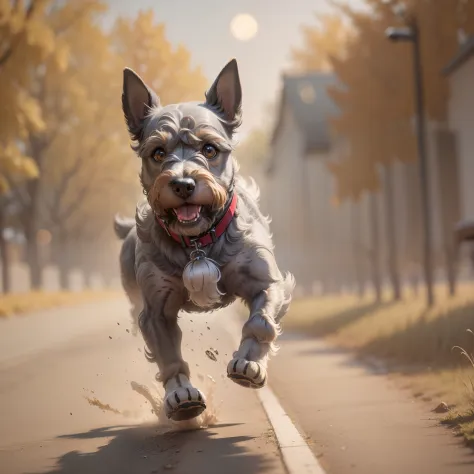 "Create a stunning 8k masterpiece featuring a mini schnauzer running so fast in a greenfield during the golden hour. The image should be in gray scale color with a realistic-photography style. Please make sure to capture the full body of the dog in motion....
