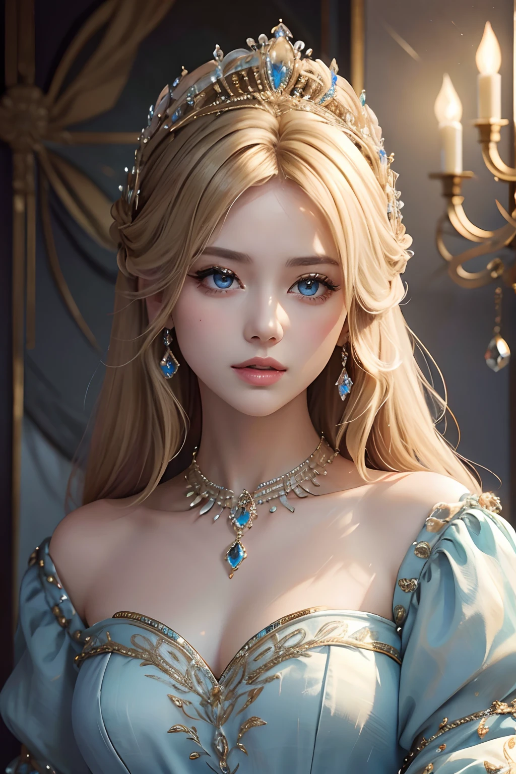 杰作，最高图像质量，一位皇家贵妇的美丽半身像，精致的金发发型，饰有令人眼花缭乱的精美珠宝，超级细节，升级版。