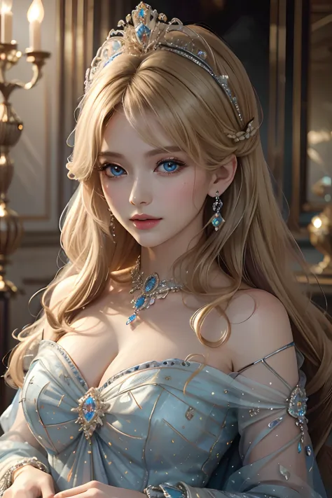 tmasterpiece，Highest image quality，Beautiful bust of a royal lady，Delicate blonde hairstyle，Embellished with a dazzling array of intricate jewelry，super detailing，upscaled。