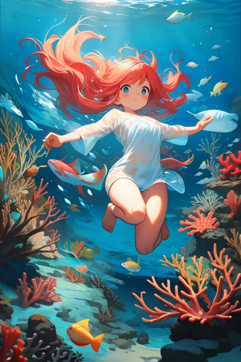 (ocean floor、marine life、beautiful coral reef、the fish),messy painting style，hair flows in water