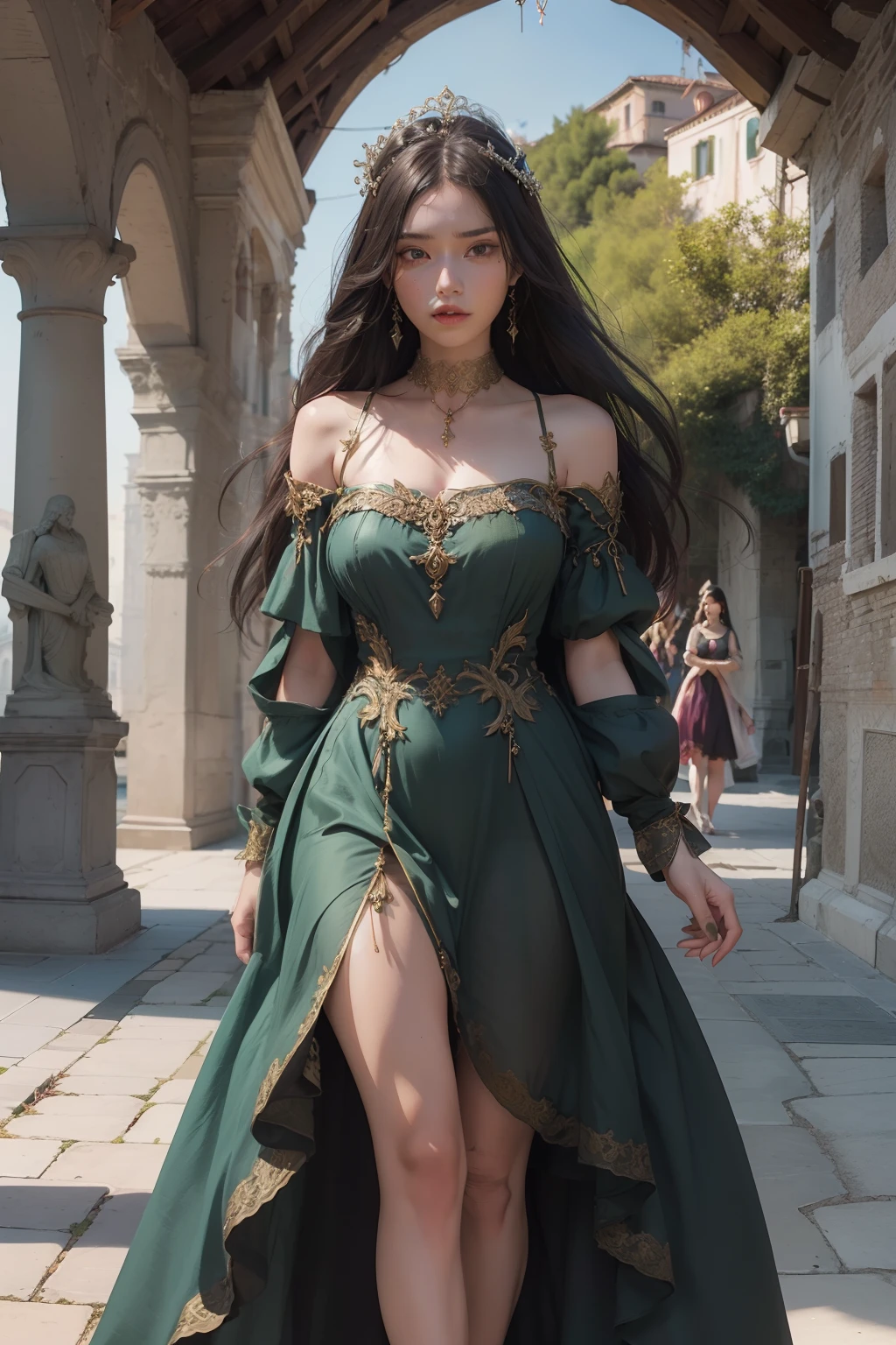 top quality picture　　　、Italy、Venice　、old bridge　、
１５century　、(((Long dress with a very luxurious scent)))　、　is standing　　、(((two womens)))　　,　full body Esbian
　 　、Collar with rope　　、(((distressed look)))　、Thin ropes that bind the body　、chains　、Pale green walls　、 Black hair　、low angles　、short-hair　、 shining beautiful skin , Sweat, collar and chain accessories, beautiful black pupil and hair, Detailed expression　, beautidful eyes,