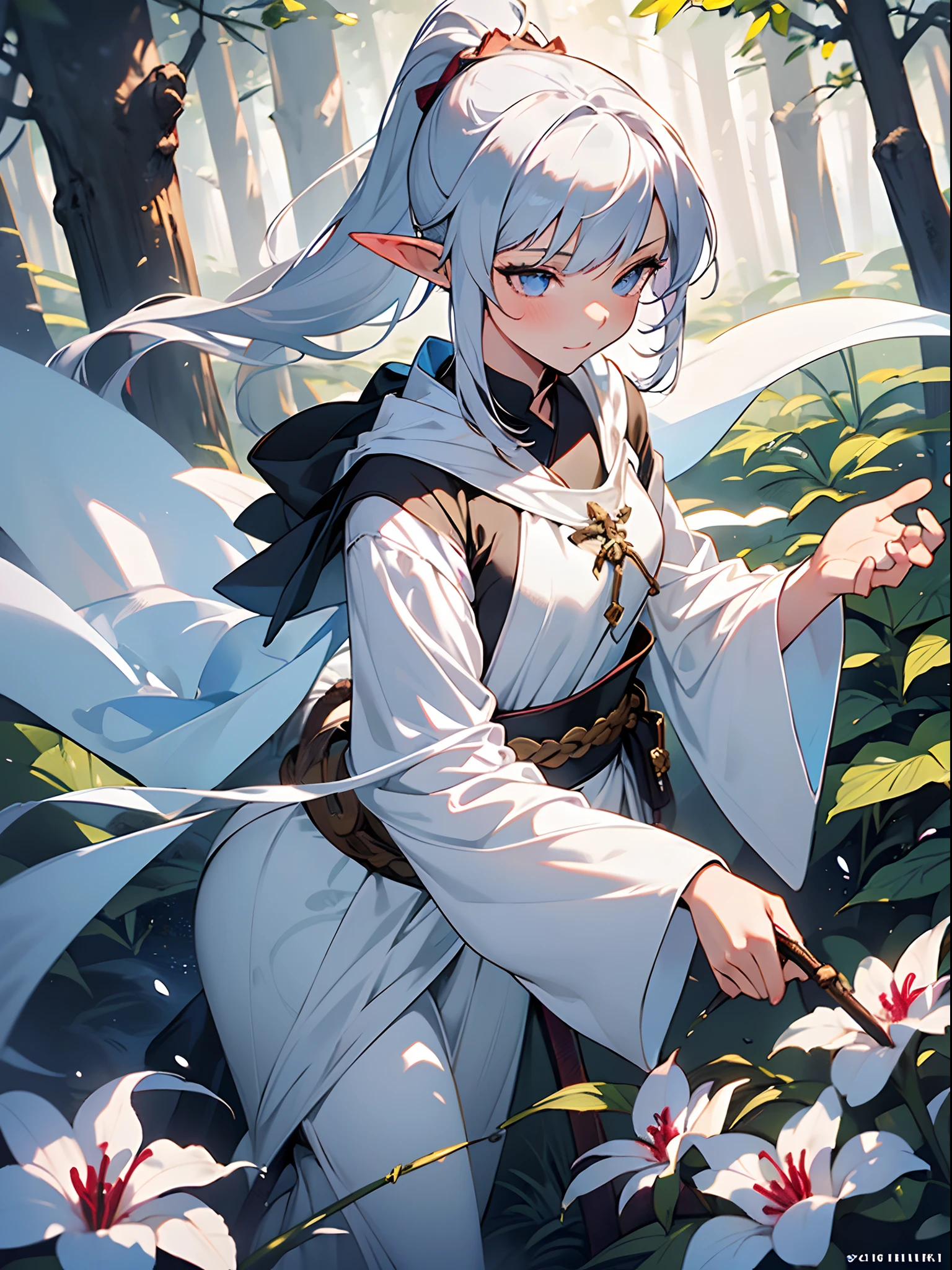 ((Fantasy)),((Best Quality)),((Beautifully painted)),((hight resolution)),1girl in,Elf Women,(((onmyouji))),(((suikan))),White cloak,Bushy silver-haired ponytail,nice hand, Perfect hands,walking around in a forest