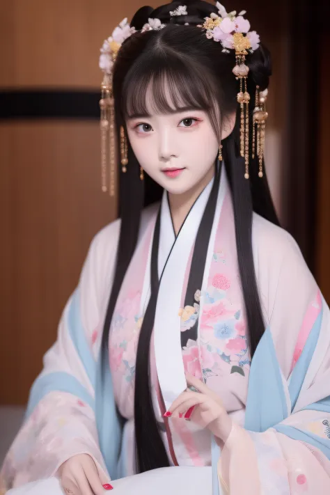 Full moon night，The Hanfu beauty sat down facing the camera，Turn pages gracefully，Her delicate facial features reveal a perfect ...