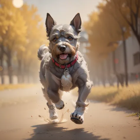 "Create a stunning 8k masterpiece featuring a mini schnauzer running super fast sequence in a greenfield during the golden hour. The image should be in gray scale color with a realistic-photography style. Please make sure to capture the full body of the do...