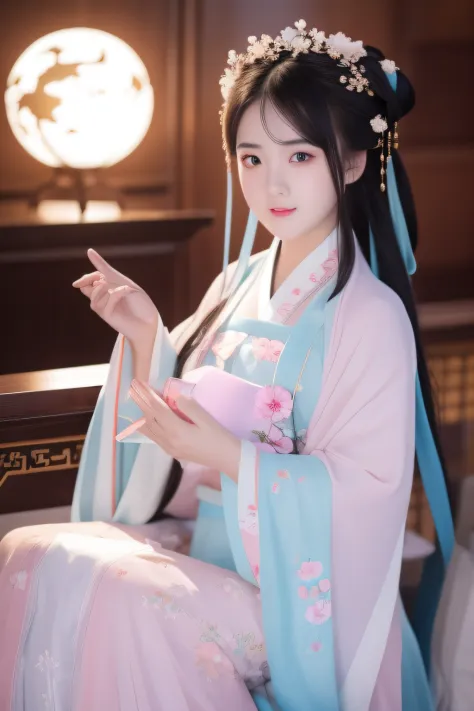 Full moon night，The Hanfu beauty sat down facing the camera，Turn pages gracefully，Her delicate facial features reveal a perfect ...