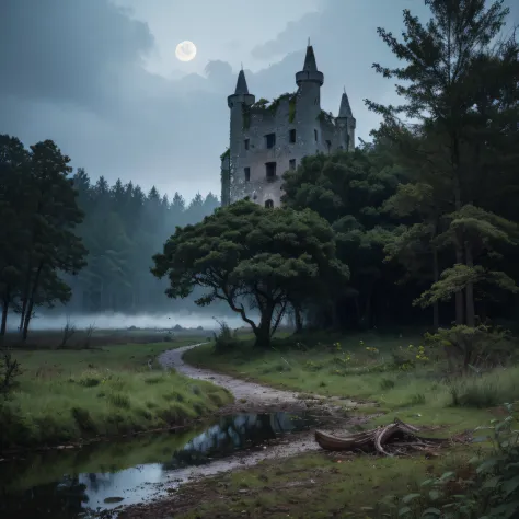 ((Ruined castle at night)), surrounded by dark spooky dense forest, many gnarled dead trees grass and bushes, forest debris and leaf litter, eerie mist, winding path near a pond, bones scattered near pond