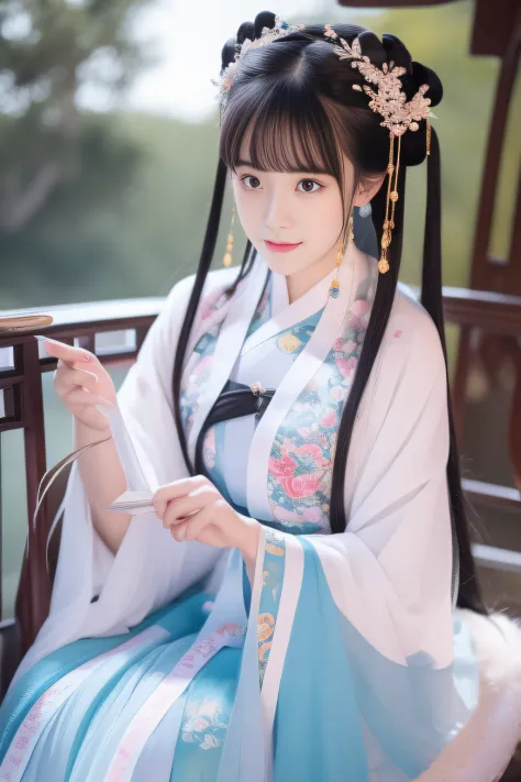 Full moon night，The Hanfu beauty sat down facing the camera，Flip the pages of books gracefully，Her delicate facial features reve...