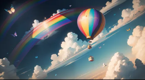 In the sky of the magic city，The little boy flew in the sky with a huge paintbrush，Draw a huge rainbow，The sky is full of white clouds，Painted birds and butterflies flying，There is a huge brush painting a rainbow，In the distance there is a big hot air ball...