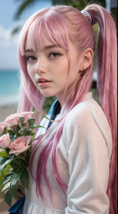 long pink hair and double ponytail，the pupils of the eyes sparkle，heterochromia，girl holding flowers，petal texture depicted，sand...