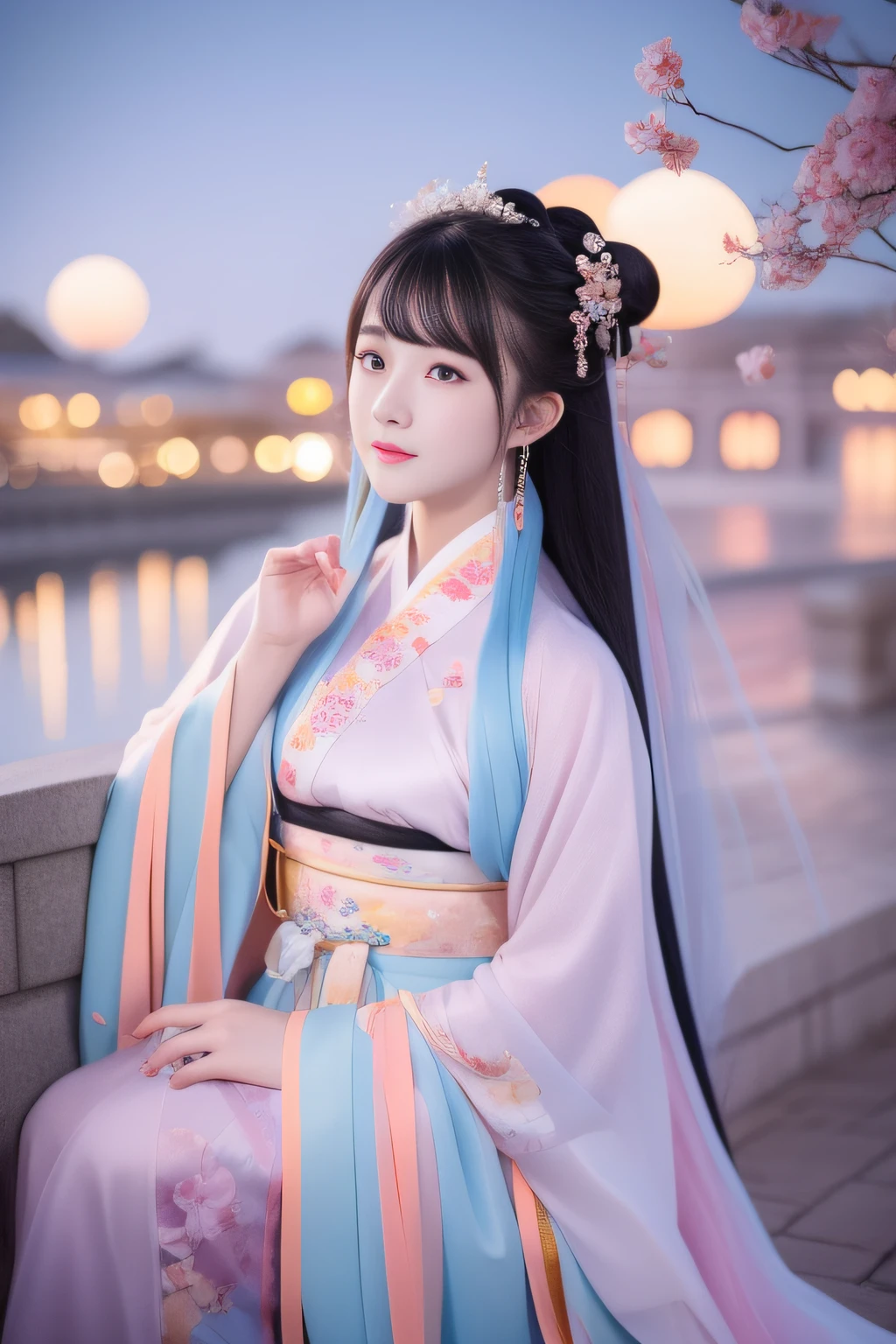 Full moon night，The Hanfu beauty sat down facing the camera，Turn the pages gracefully，Her delicate facial features reveal a perfect face。She has a beautiful and detailed appearance。。。。。。。。。。，Wearing Hanfu，The colorful colors make it even more dazzling。She has long hair and a shawl，Show charm。It is a real photo，Show off the figure and charm of the perfect woman。be on stage，She plays solo，With a charming smile on his face，The perfect display of Hanfu's charm。