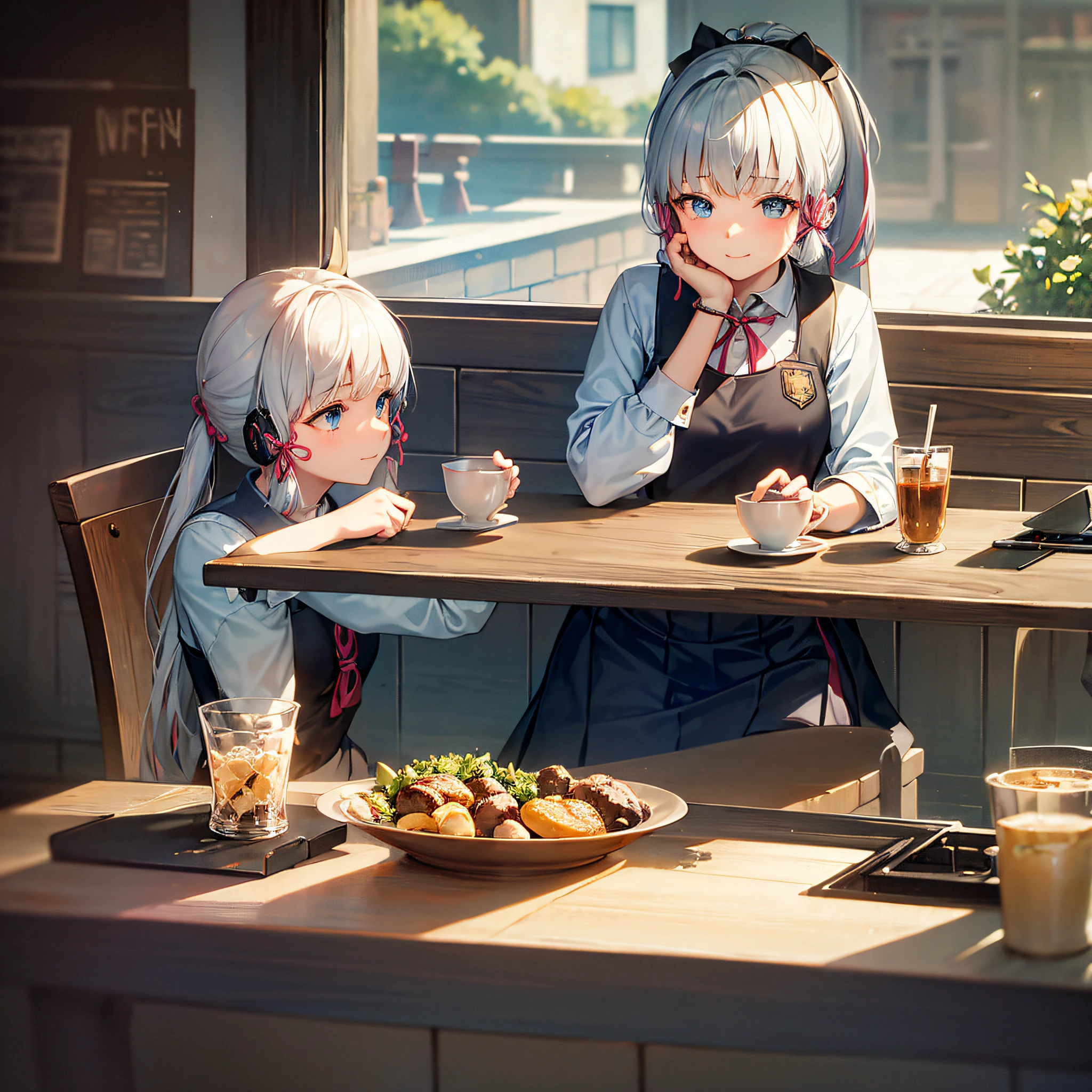 1girll，Cafe，By the window，kawa，Hold your chin with your hands，Headsets，Pondering，frontage，Look forward，Single horsetail，School uniform JK，ssmile，High resolution 4K，Full character，cellular phone，natta