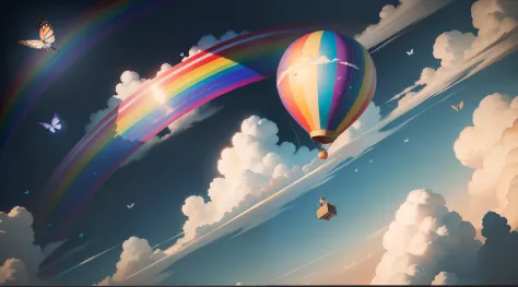 In the sky of the magical city，The sky is full of white clouds，Painted birds and butterflies fly，There is a huge brush painting rainbow，In the distance there is a huge hot air balloon pulling a dream car in the sky，A little boy sits on a paintbrush and fli...