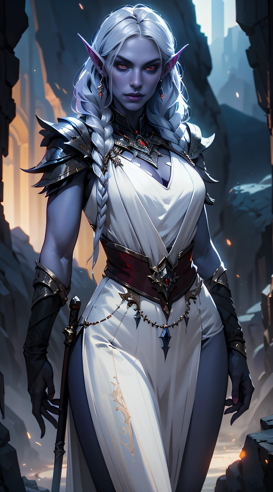 1girl, sexy drow, purple-blue skin, pale silver long elaborate braids, ((red eyes)), jewels, elf ears, earrings, ((white sorceress sexy dress)), wields staff, cast light magic, cliff, rocks, athletic, volumetric lighting, best quality, masterpiece, realistic, anatomically correct, (strong cinematic lighting), stunning details, intricate details, 8k post-production, High resolution, super details, trending on ArtStation, sharp focus, depth of field f/1.8, studio photos, (((looking at camera)))