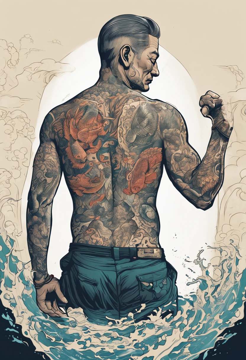 A man with tattoos on his back standing in the water - SeaArt AI