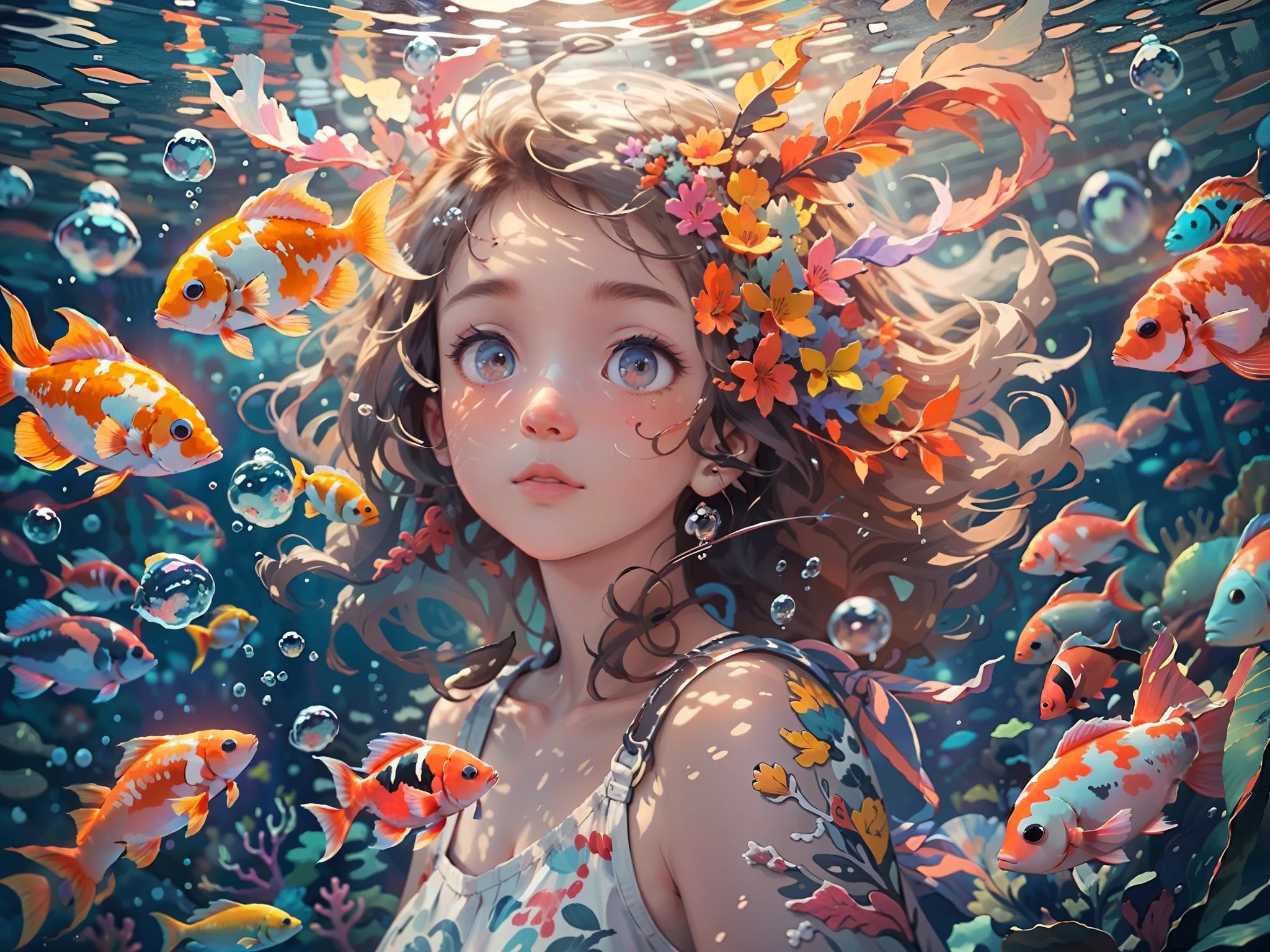 ocean floor，Marine life，Beautiful coral reef，1girll，The upper part of the body， Floating hair，Eyes with a story，looks into camera，Hair flows in water，Close-up of the shot，Koi is surrounded by koi， Buble，airbubble， Under the water， The sun refracts light， jelly fish，Messy painting style，8K, Super meticulous, Best quality, Masterpiece,