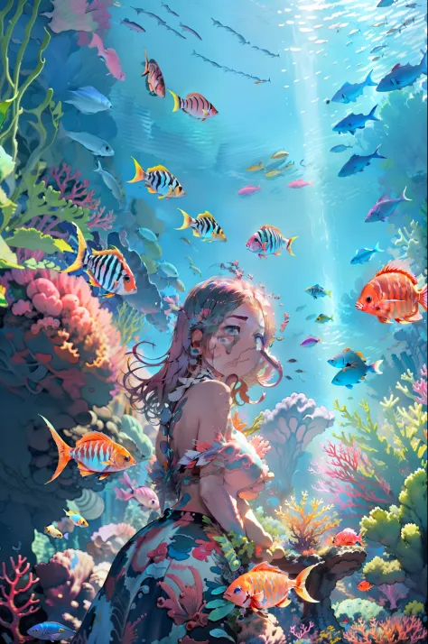 (Masterpiece, Best quality, A high resolution, anime big breast), (1girll, Blush, Underwater, Fish, Ocean),(ocean floor、Marine l...